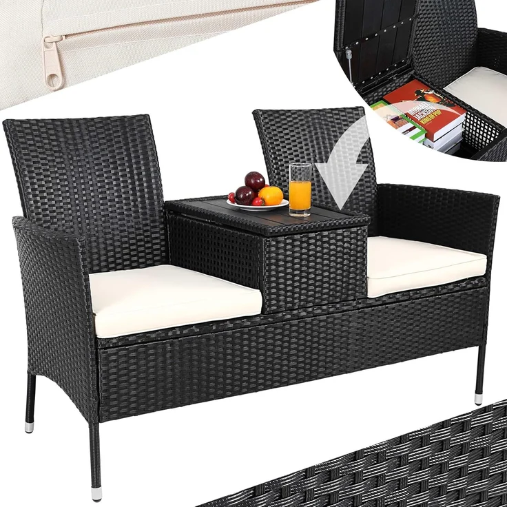 Casaria Gartenbank, Sitzbank inkl. Auflagen Polyrattan 320kg Belastbar Tisch Garten – Bild 1