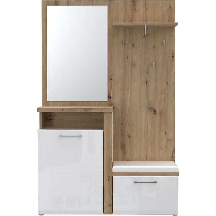 Kompaktgarderobe >TULUZA< Spiegel, Weiss / Artisan Eiche Dekor - 128,5x200,8x43,4cm (B/H/T) – Bild 1