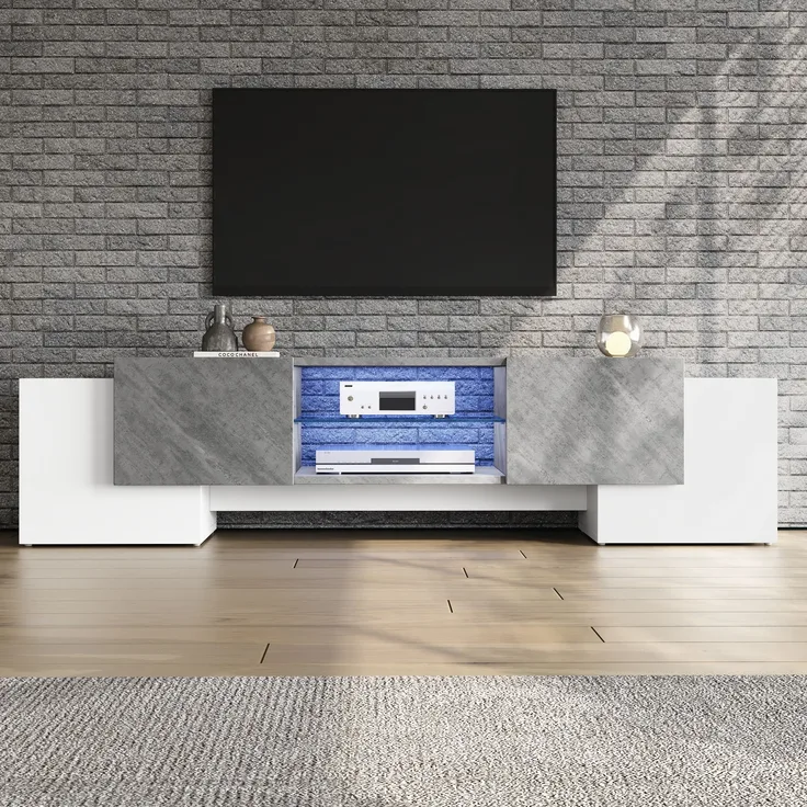 TV-Schrank Lowboard 180x40x46,5 cm mit LED-Beleuchtung & Bluetooth, Weiß/Grau