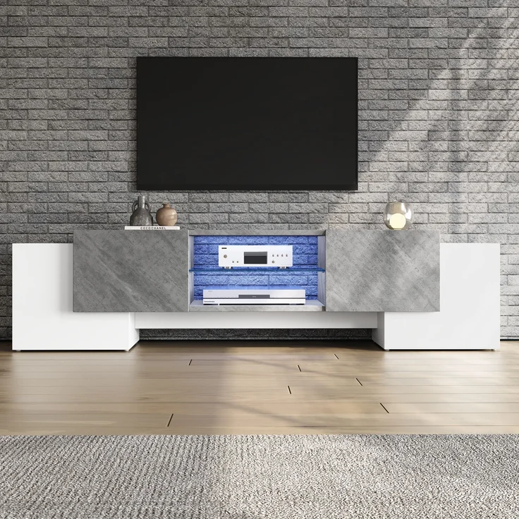 TV-Schrank Lowboard 180x40x46,5 cm mit LED-Beleuchtung & Bluetooth, Weiß/Grau – Bild 1