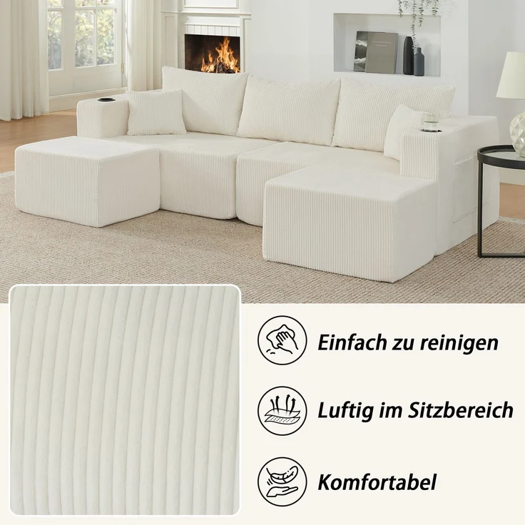 EINHOM 3-Sitzer modulares Ecksofa, komprimiertes L-Form Sofa mit beweglichen Ottomanen, weicher Cordstoff, Getränkehalter, Seitentasche und Kissen, geeignet für Wohnzimmer, Hotels und Mietwohnungen, Beige – Bild 7