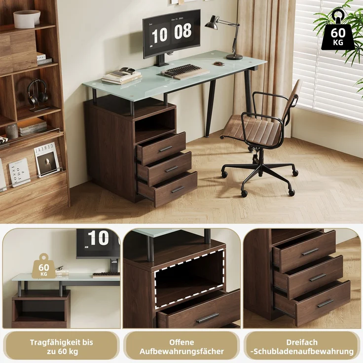 Abrihome Schreibtisch mit Glasplatte und 3 Schubladen, Braun, 75x50x130 cm – Bild 3