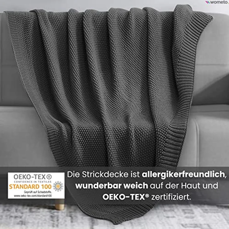 wometo Strickdecke Dunkelgrau, 140x190 cm, Oeko-Tex® zertifiziert, pflegeleicht und superweich – Bild 2
