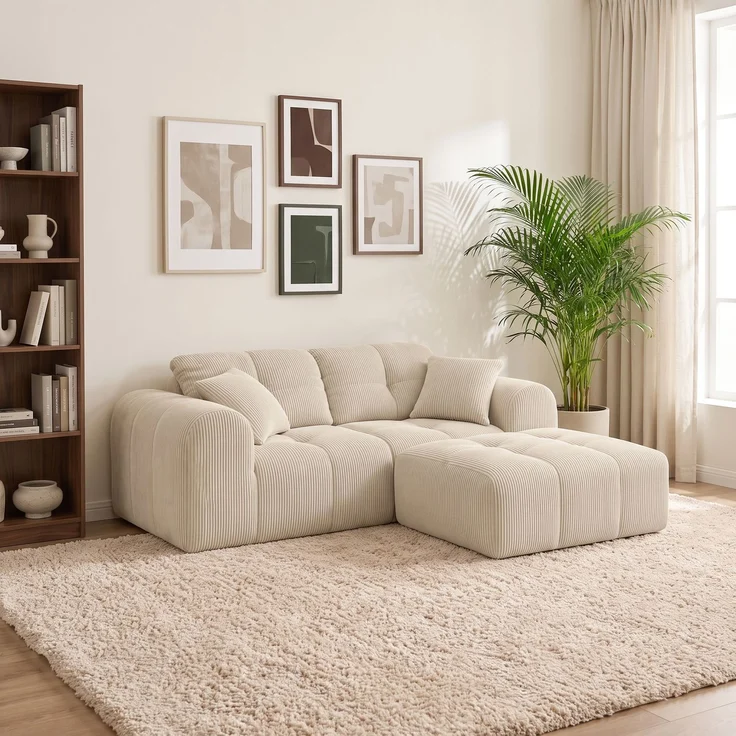 skølm 'Vanaheim' Sofa 2 Sitzer mit Hocker & 2 Kissen, Cloud Sofa Cord beige, Vollschaumcouch mit Federkern und Vakuum-Kompression, kein Aufbau erforderlich – Bild 5