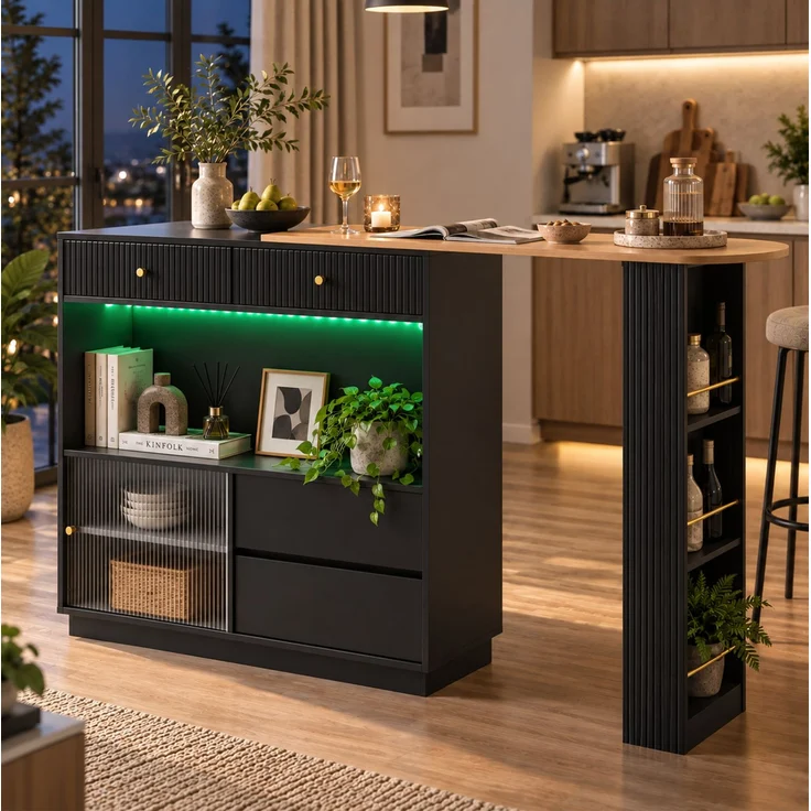 Ausziehbarer Bartisch 120 x 30 x 100 cm – Mit Stauraum, LED & 360°-Drehung, Schwarz – Bild 4