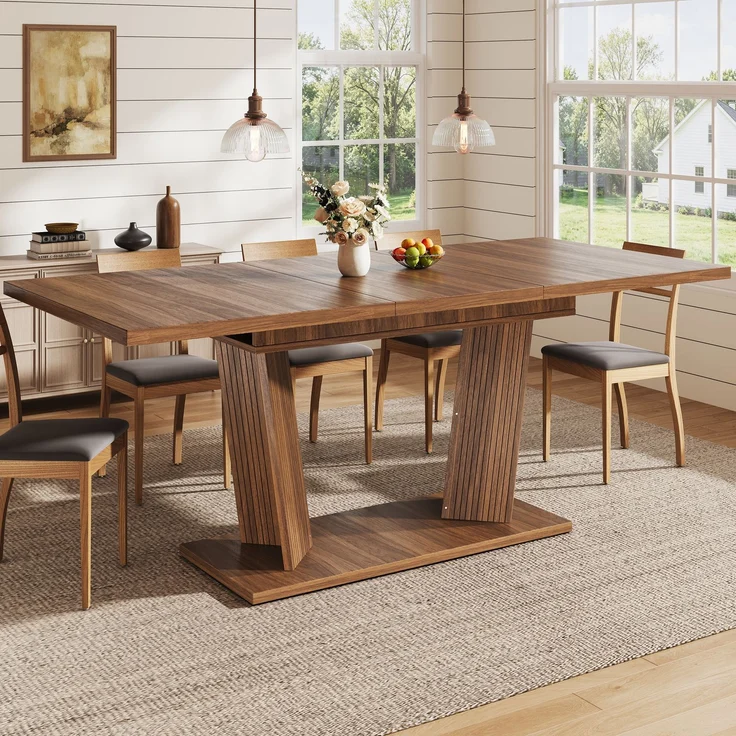 JARDJ Ausziehbarer Esstisch Modern, Massivholz Optik Tisch, Stabiler Sockel mit Verstellbaren Anti-Rutsch-Füßen, Flexibler Esszimmertisch für Kleine Räume und Küche, Dunkelbraun – Bild 2
