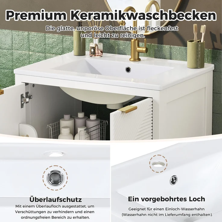 Freistehender Badschrank mit Keramikwaschbecken, 61 x 47 x 87 cm, MDF, Weiß, Wellenstruktur – Bild 7