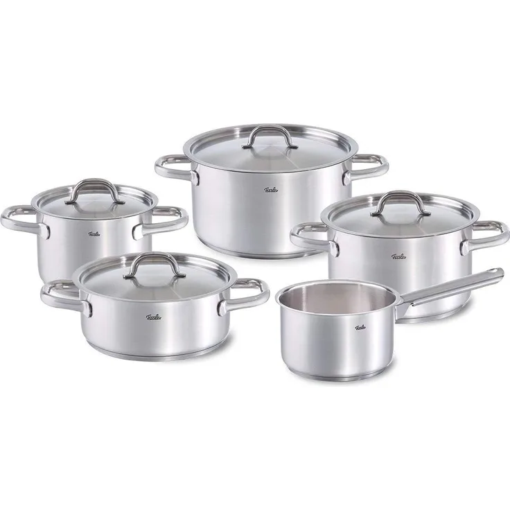 Fissler Topf-Set Family Line, Edelstahl 18/10 (Set, 9-tlg, 1 Bratentopf 20 cm, je 1 Kochtopf 16/20/24 cm, 1 Stielkasserolle 16cm), extra breiter Schüttrand