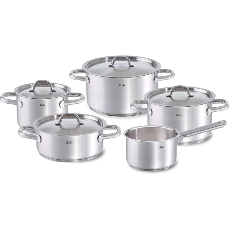 Fissler Topf-Set Family Line, Edelstahl 18/10 (Set, 9-tlg, 1 Bratentopf 20 cm, je 1 Kochtopf 16/20/24 cm, 1 Stielkasserolle 16cm), extra breiter Schüttrand – Bild 1