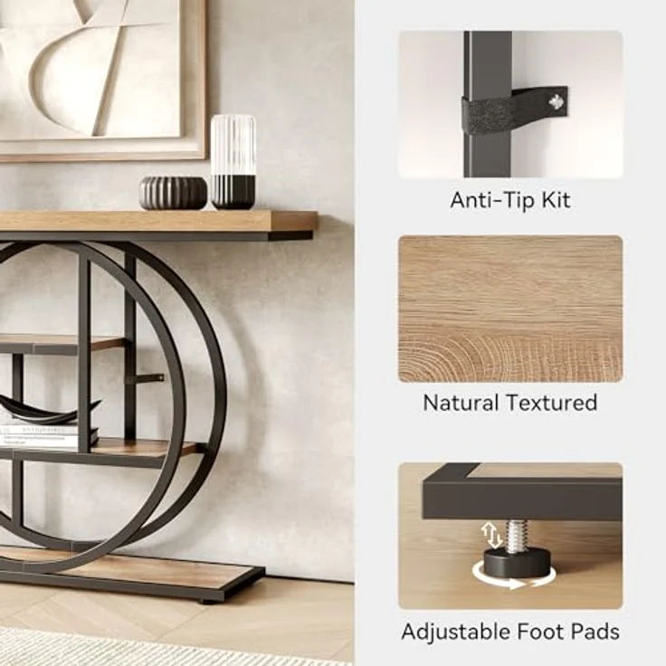 LITTLE TREE Konsolentisch, 4-stöckiger Eingangstisch hinter dem Couchtisch, 104 cm Bauernhaus-Sofatisch für Wohnzimmer, Foyer, Flurtisch für Eingang, Walnuss und Schwarz – Bild 6