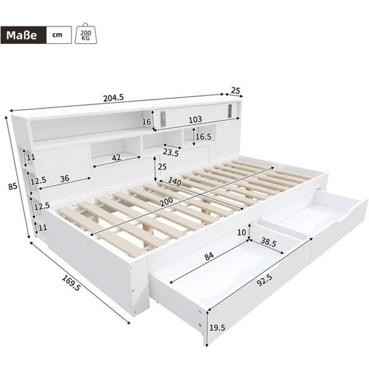 Odikalo Daybett Schlafsofa Stauraumbett Holzbett Schubladen Regale 90/140x200 cm Weiß – Bild 4
