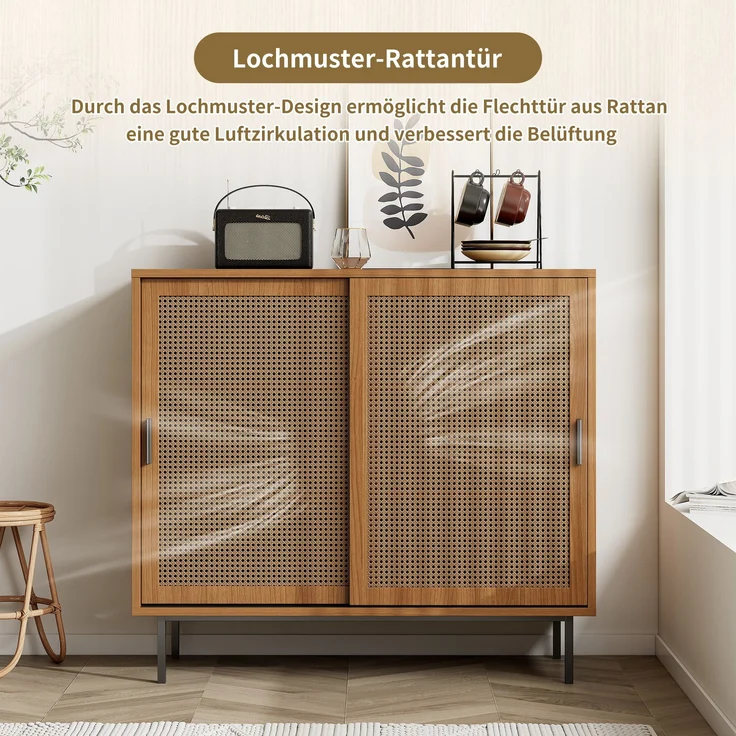 Sideboard mit Rattan-Schiebetüren, Landhausstil walnuss, 100x37x90 cm – Bild 7