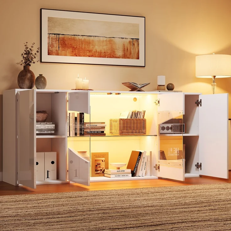 DESVIAE Sideboard Weiß aus MDF – 160x70x35 cm – LED-Beleuchtung, 4 Türen, 6 Staufächer – Bild 2