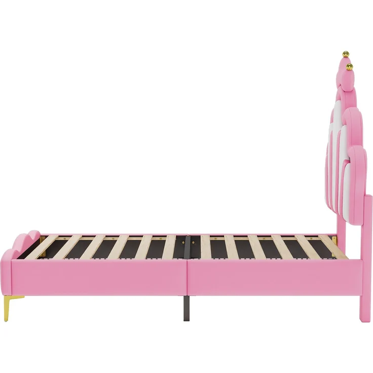 U-life Prinzessinnenbett 90x200 cm Einzelbett Kinderbett Jugendbett mit Kronen-Kopfteil, LED-Lichtleiste und PU-Bezug, Rosa – Bild 8