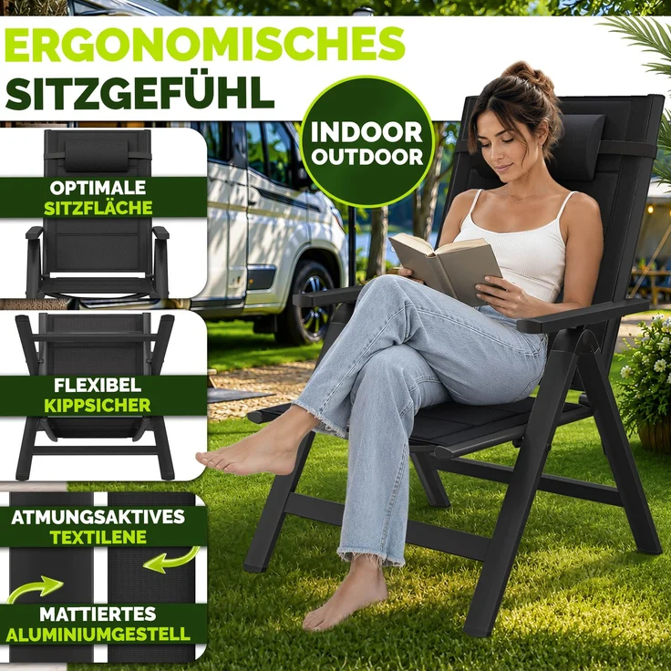 tillvex Gartenstuhl mit Polster Premium 4 Stück Schwarz klappbar aus Aluminium | Hochlehner mit Armlehnen | Klappstuhl verstellbar | Klappsessel Balkon Garten Terrasse – Bild 5