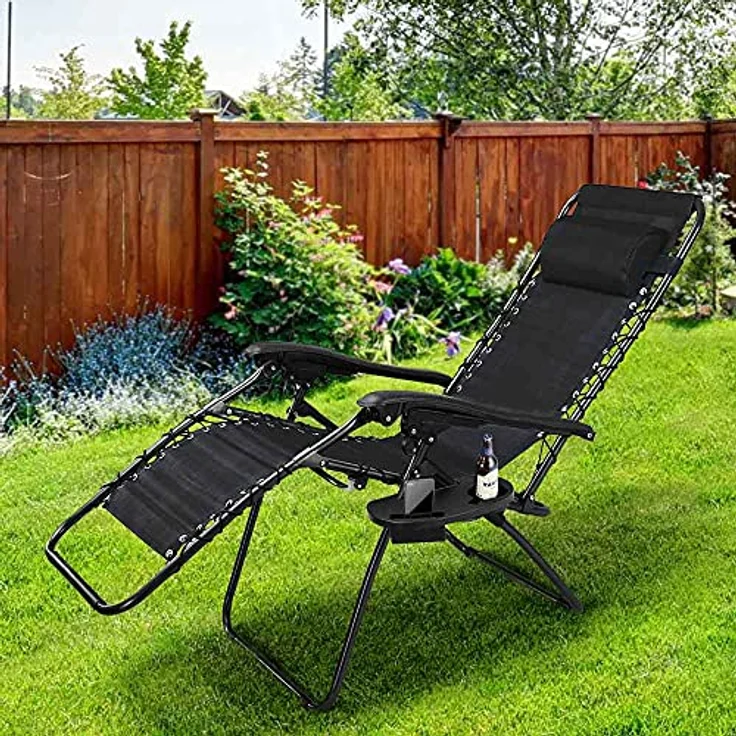 BAKAJI Stuhl Schwerkraft Zero Gartenliege, zusammenklappbar, platzsparend, mit Tablett aus Stahl 22 mm, neigbar, aus Oxford-Stoff, atmungsaktiv, Terrasse, Außenpool (Schwarz) – Bild 3