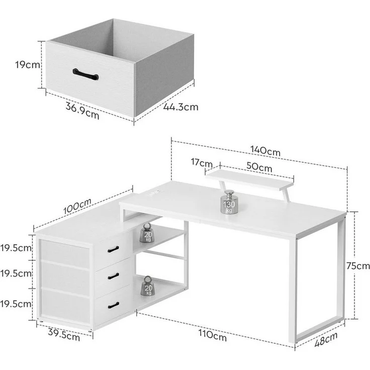 Furnicopia Eckschreibtisch 140cm mit Monitorarm, Computertisch mit drehbarer Tischplatte (Flexibel und schwenkbar, mit Steckdosen (2 Steckdosen + 2 USB-Anschlüsse), 3 großen Schubladen, 2 Ablageflächen) – Bild 1