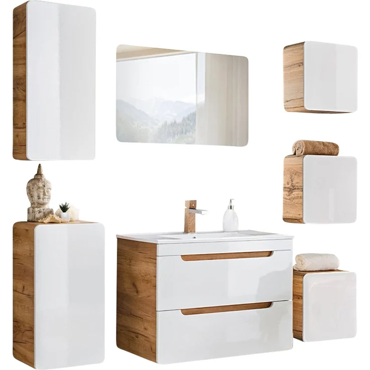 Badezimmermöbel Set mit 81 cm Waschtisch & LED-Spiegel LUTON-56 Hochglanz weiß mit Wotan Eiche Nb, B/H/T ca. 180/200/46 cm – Bild 9