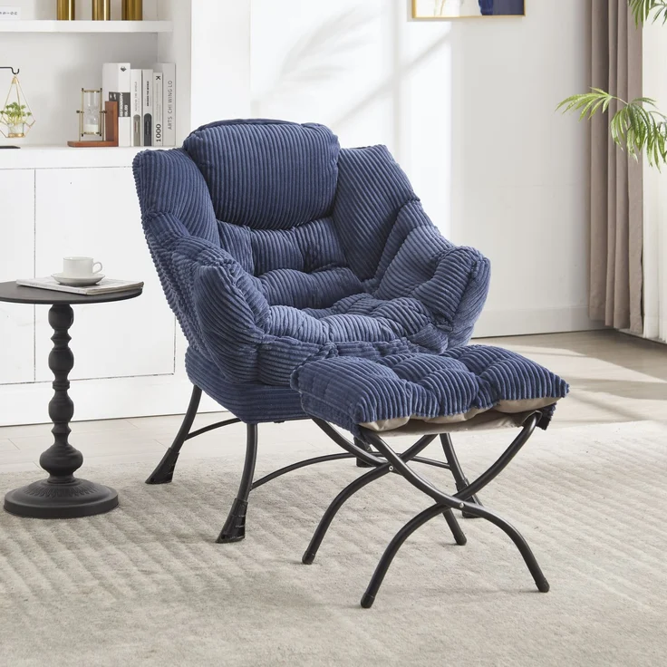 Flieks Loungesessel mit Hocker, ergonomischer Ohrensessel mit Stahlrahmen, weicher Cordstoff, Seitentasche, Blau – Bild 1