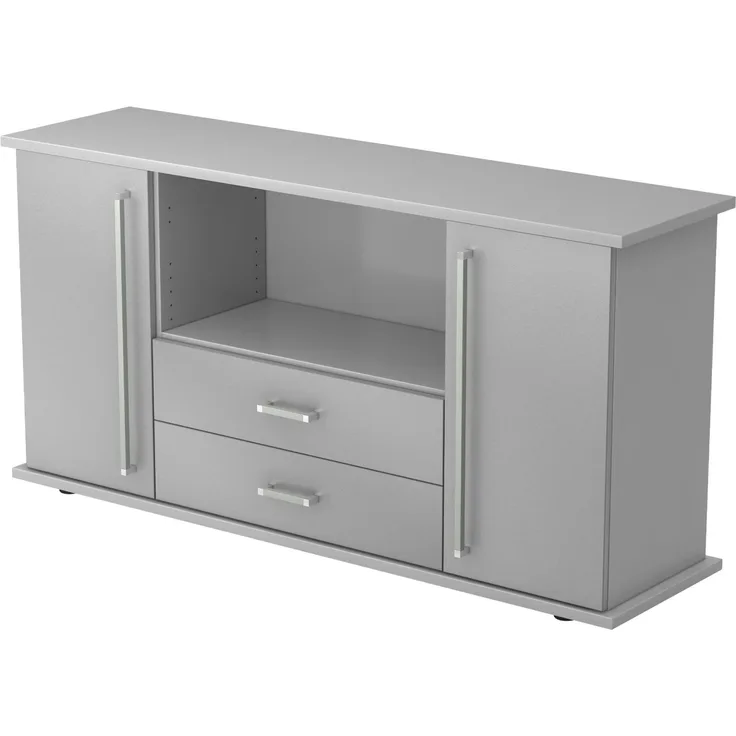 bümö Sideboard Grau/Silber mit Flügeltüren & Regal - Büromöbel Sideboard mit Schubladen Holz 166cm breit, 45cm schmal, Büro Schrank für Flur oder als Wohnzimmer-Kommode mit Chromgriff, SBTS-5-S-CE