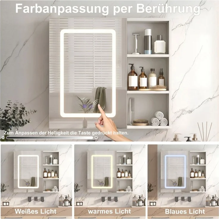 Furnishings Home Badezimmerspiegelschrank Spiegelschrank Doppeltür Hängeschrank mit Stauraum (1-St, Einstellung der warmen und kalten Farbtemperatur 3000/4500/6400K) inkl. LED-Beleuchtung, Stecker, Touchschalter, Beschlagfrei – Bild 3