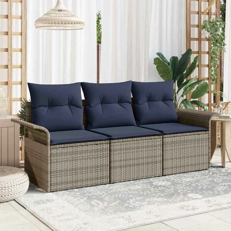 vidaXL Sofa Set 3 stk. 3-Sitzanzahl Grau und Marineblau Poly-Rattan 3345225 – Bild 1