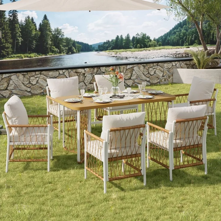 Merax Gartenlounge-Set Polyratten Gartenmöbel-Set mit geflochtenen Armlehnen & Polsterkissen, (7-tlg), 6-Sitzer Gartenset mit 1 Tisch & 6 Stühlen,Lounge-Set mit Eisengestell