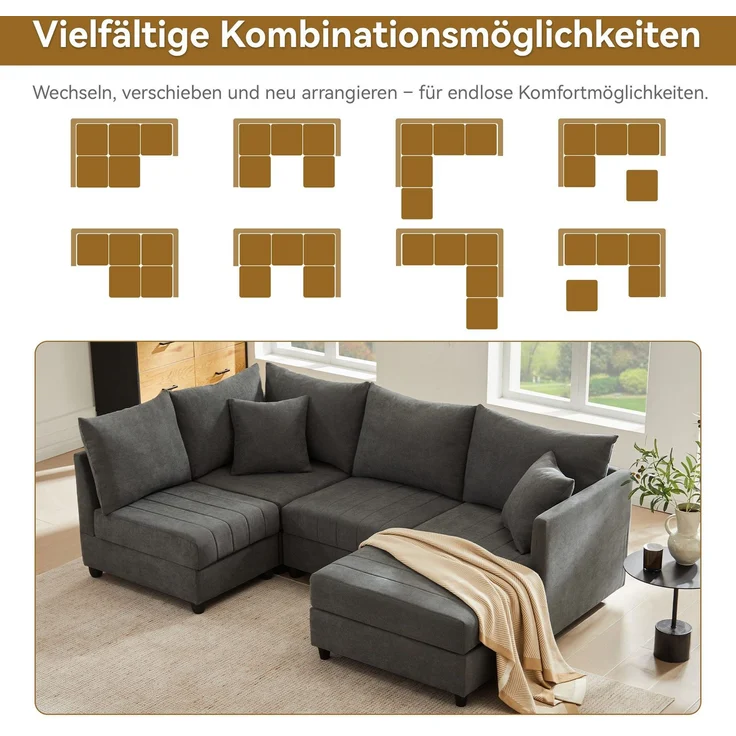 Big-Sofa mit Rückenkissen, Zierkissen, loser Rückenkissen und Zierkissen, 5-Sitzer Sofa, Leinen Bezug – Bild 3