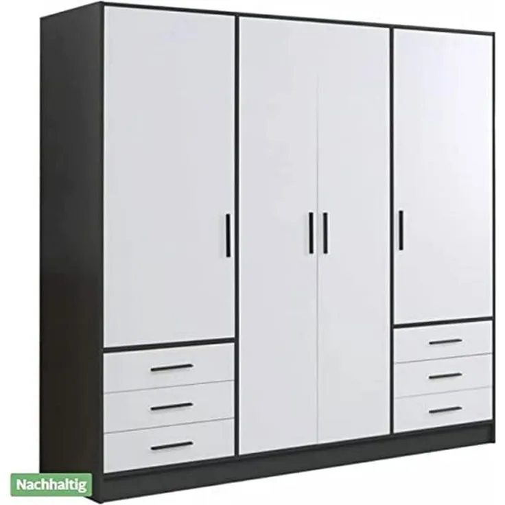 FORTE Jupiter Kleiderschrank 4-türig, 6 Schubkästen, Holz, Schwarz-Weiß, 206. 5 x 60 x 200 cm