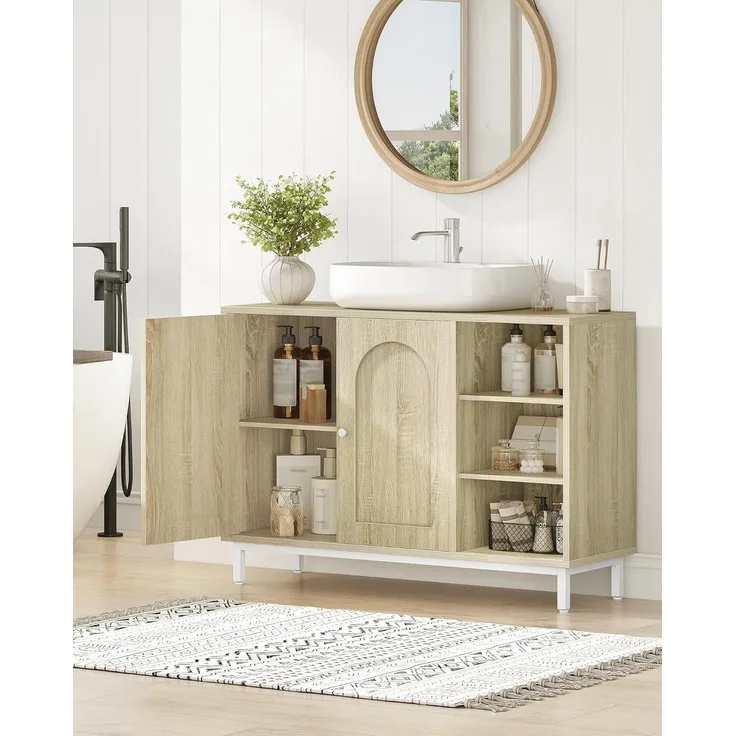 Waschbeckenunterschrank, Unterschrank, Waschtischunterschrank, Badezimmerschrank mit 2 Türen, Verstellbare Ablage, Viel Stauraum, Moderner Stil, 30 x 90 x 63 cm, Helle Eiche