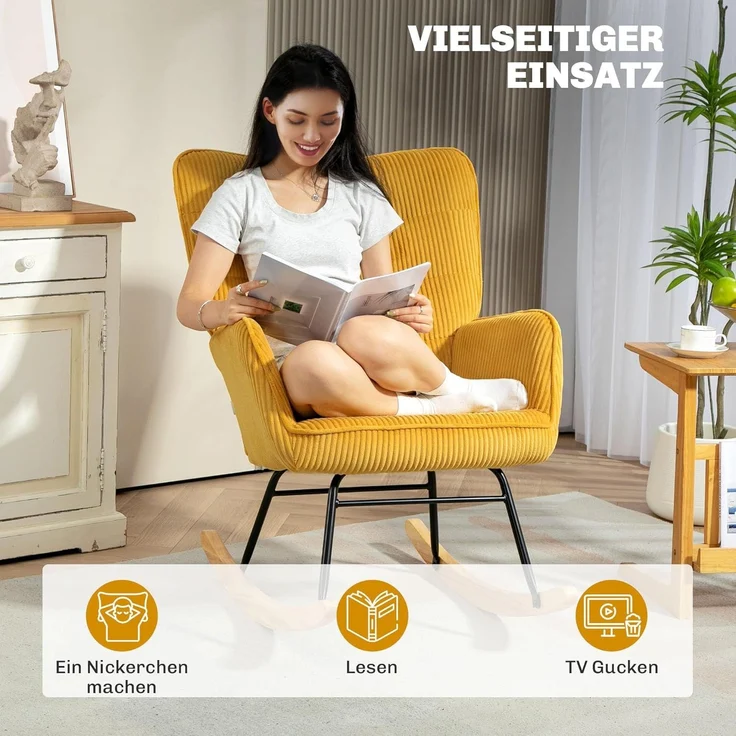 HOMCOM Schaukelstuhl Sessel mit Kord-Optik, Armlehne, Holzkufen (Schaukelsessel, 1 St), für Wohnzimmer, Schlafzimmer, Gelb – Bild 6