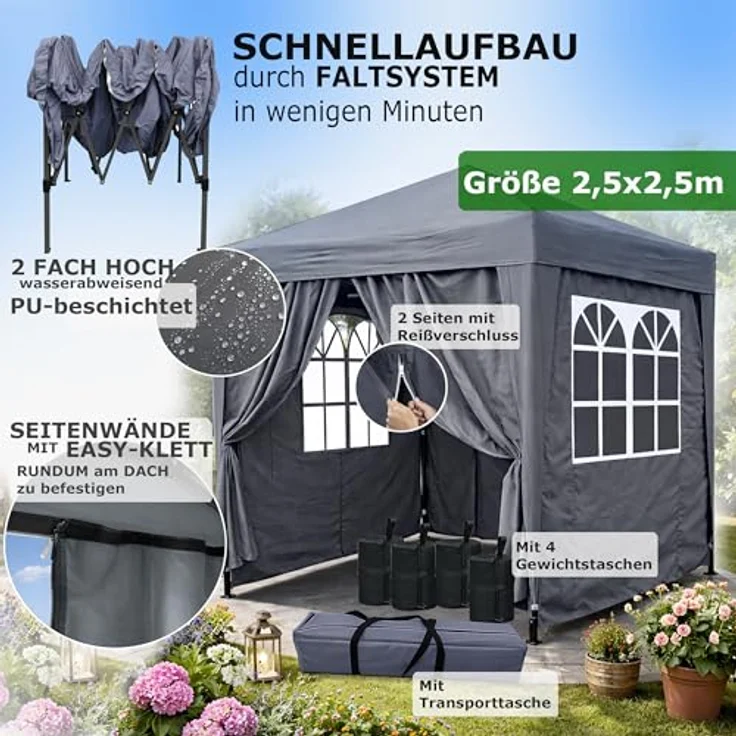 QUICK STAR Faltpavillon 2,5 x 2,5 m Smoky Grau, inklusive 4 Easy-Klett Seitenwände (2 Reißverschlüsse, 2 Fenster), mit 4 Fußgewichten und Tragetasche – Bild 2