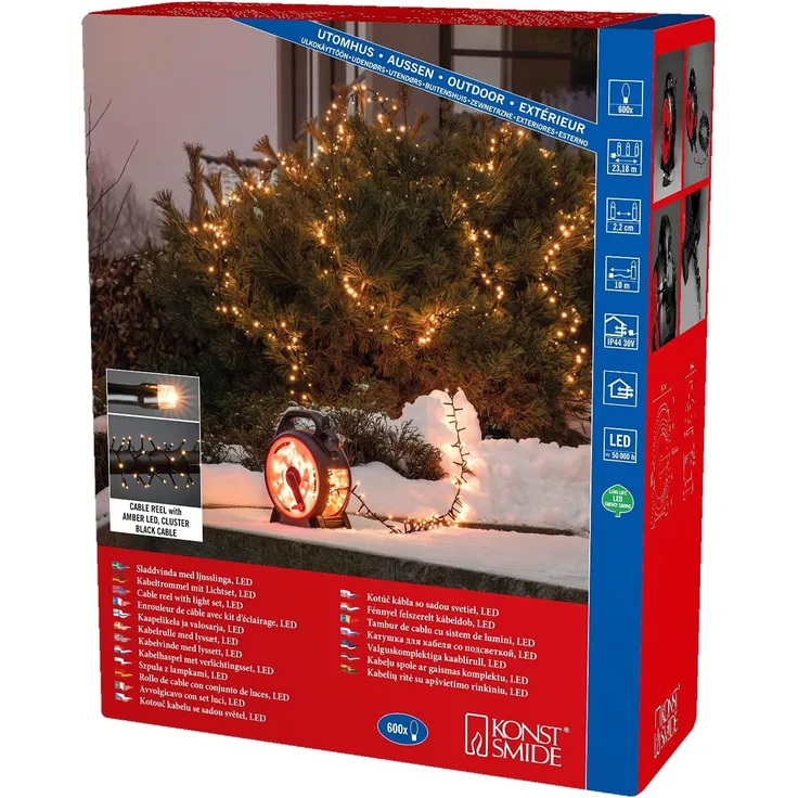KONSTSMIDE No. 3846-800 LED Outdoor Micro Compactlights Lichterkette Kabelaufroller Bernstein 600