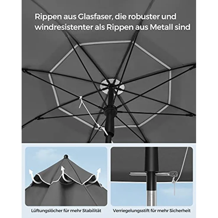 SONGMICS Sonnenschirm 160 cm, Sonnenschutz, UPF 50+, Strandschirm, beidseitig um 30° knickbar, höhenverstellbar, mit Tragetasche, für Balkon, Garten, Terrasse, Strand, ohne Ständer, grau GPU060G01 – Bild 7