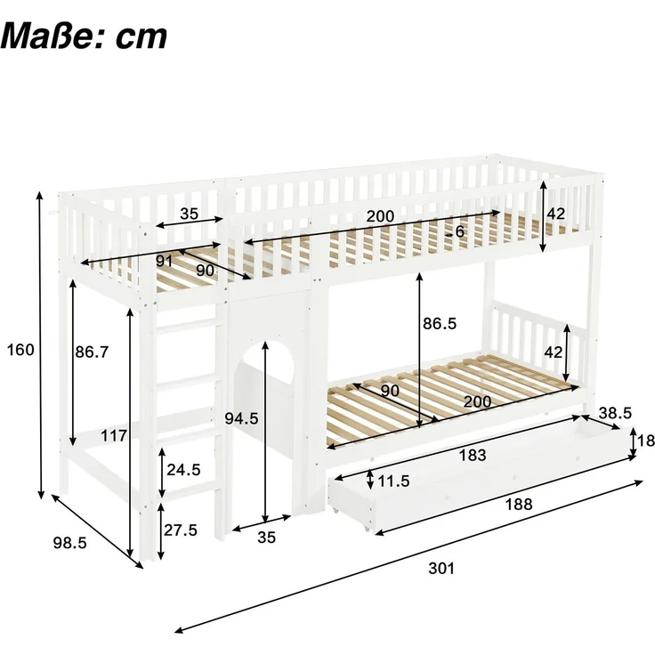 Etagenbett mit Regal, Schrank, Lattenrost und Treppe, 90x200cm, Kinderbett mit Rausfallschutz, Hochbett, Kiefer – Bild 5