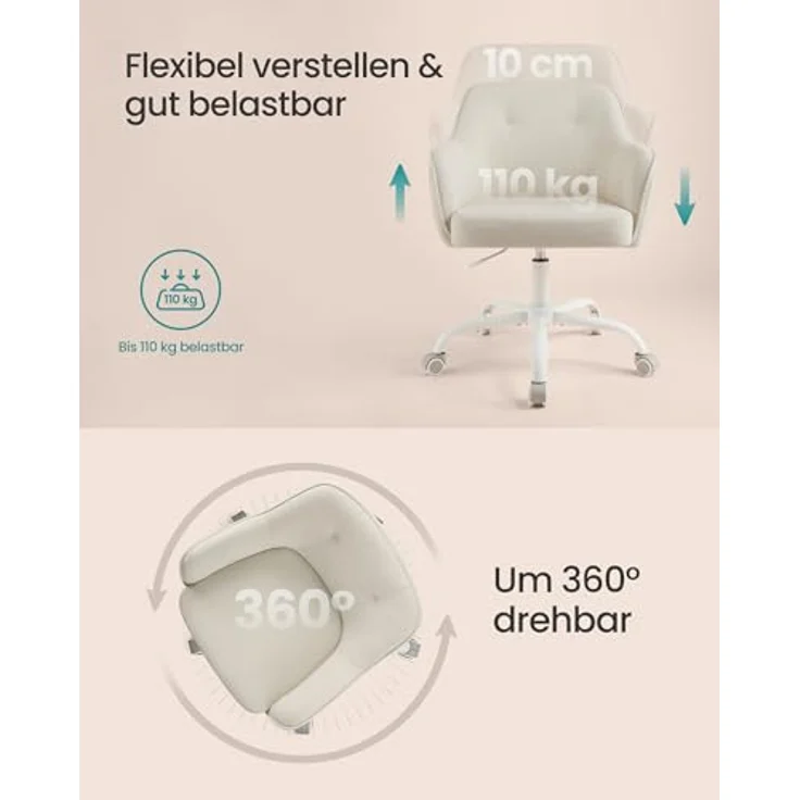 SONGMICS Homeoffice-Stuhl, Drehstuhl, Schreibtischstuhl, höhenverstellbar, bis 110 kg belastbar, Cord, für Arbeitszimmer, Schlafzimmer, sandbeige OBG019LZ01 – Bild 7