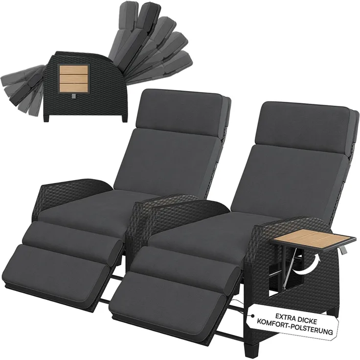 STEELSØN 'Caelum' Polyrattan Sessel mit Liegefunktion, schwarz/Akazie, verstellbare Rückenlehne, inkl. Polster, Ausklapptisch, wetterfest, 2er Set