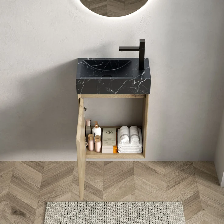 Waschtischunterschrank 40 cm breit mit Naturmarmorbecken, Tür und Dekor in Weiß-Eiche,58 x 40 x 22 cm – Bild 3