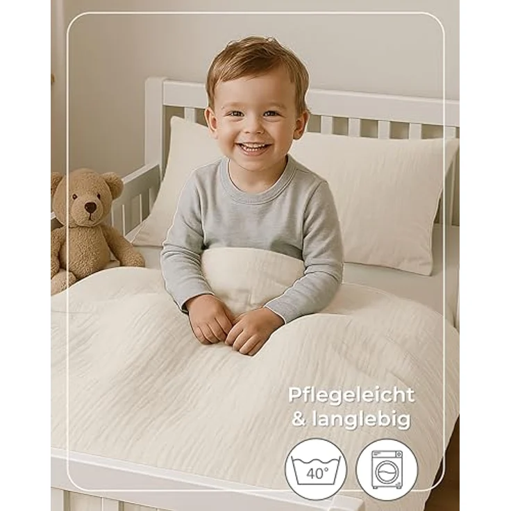 Laynenburg Kinderbettwäsche Musselin 2 teilig aus 100% Baumwolle in 100x135 cm + 40x60 cm, atmungsaktiv & bügelfrei – 3 lagig mit Reißverschluss & Haltebändern – Bild 8