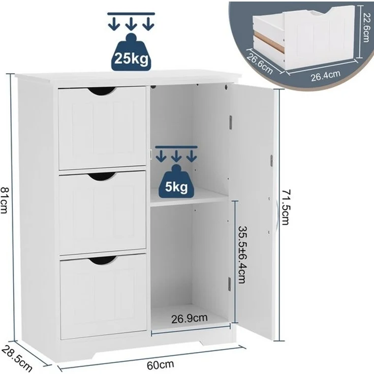 DUMOS Badkommode Badezimmerkommode mit 3 Schubladen (Badezimmerschrank), Schrank mit verstellbarem Regalbrett und 3 Schubladen – Bild 4
