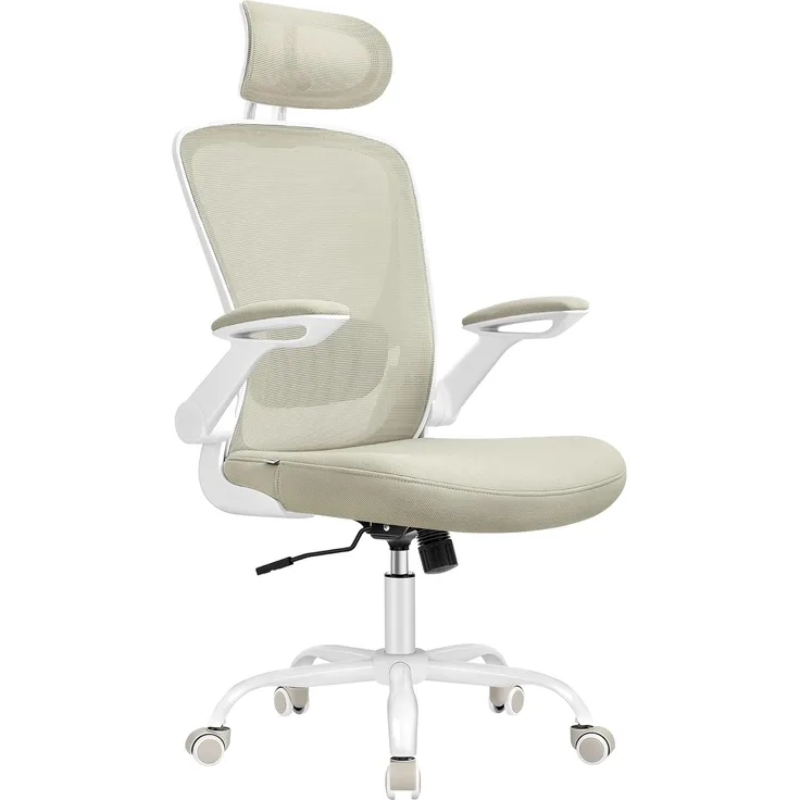 SONGMICS Bürostuhl ergonomisch, Schreibtischstuhl, Drehstuhl mit Mesh, gepolsterte Lendenstütze, Wippfunktion, 53 cm große Sitzfläche, klappbare Armlehnen, Kopfstütze, cappuccinobeige OBN047K01