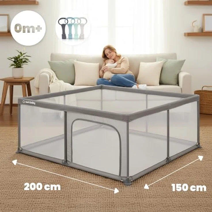sun baby Laufstall mit grünen Griffen 150x200 cm 0-2 Jahre Grau, Polyester, Netzwände, Eingang mit Reißverschluss, rutschfeste Füße, Tragetasche im Set, Metallrahmen – Bild 3