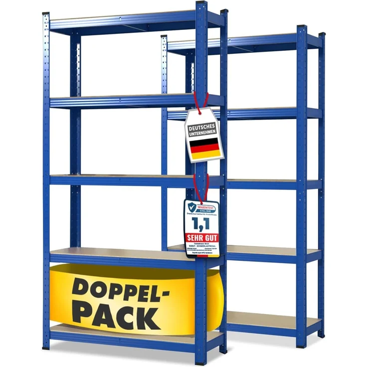 etm Schwerlastregal 2-er Pack 200 x 100 x 50 cm blau | Steckregal, Lagerregal, Standregal, Stecksystem ohne Werkzeug montierbar (Lakota, blau)