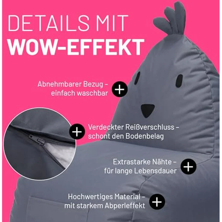 LUMALAND 'Animal Line Chicken' Kindersitzsack, indoor & outdoor, Polyester grau, 200 l – Bild 7