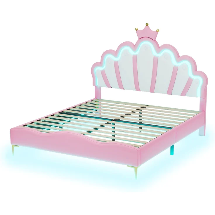 140*200cm Flaches Doppelbett, kronenförmiges Prinzessinnenbett, weiche Polsterung aus PU-Leder, verstellbarer LED-Umgebungslichtstreifen,Rosa – Bild 9