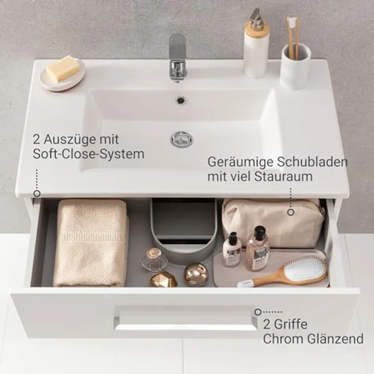 FACKELMANN B.PERFEKT Waschbecken mit Unterschrank 82 cm breit, Weiß, Waschbecken Keramik Weiß – Bild 5