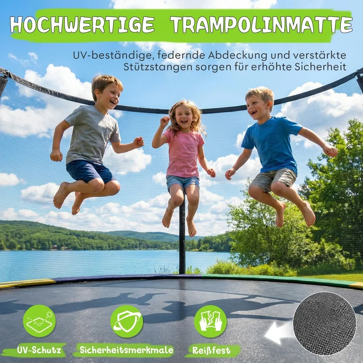 Devoko Gartentrampolin mit Sicherheitsnetz, Leiter, Randabdeckung, Stahlrahmen, Grün, Ø 360 cm – Bild 5