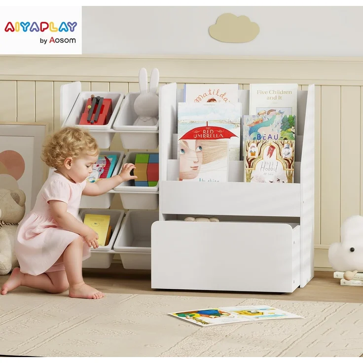 AIYAPLAY Spielzeugtruhe mit 6 herausnehmbaren Aufbewahrungsboxen, Bücherablage, rollbarer Box (Kinderregal, 1 St, Kinder-Bücherregal), mit Rädern, für Kinderzimmer, Spielzimmer, 100x30x80 cm, Weiß – Bild 2
