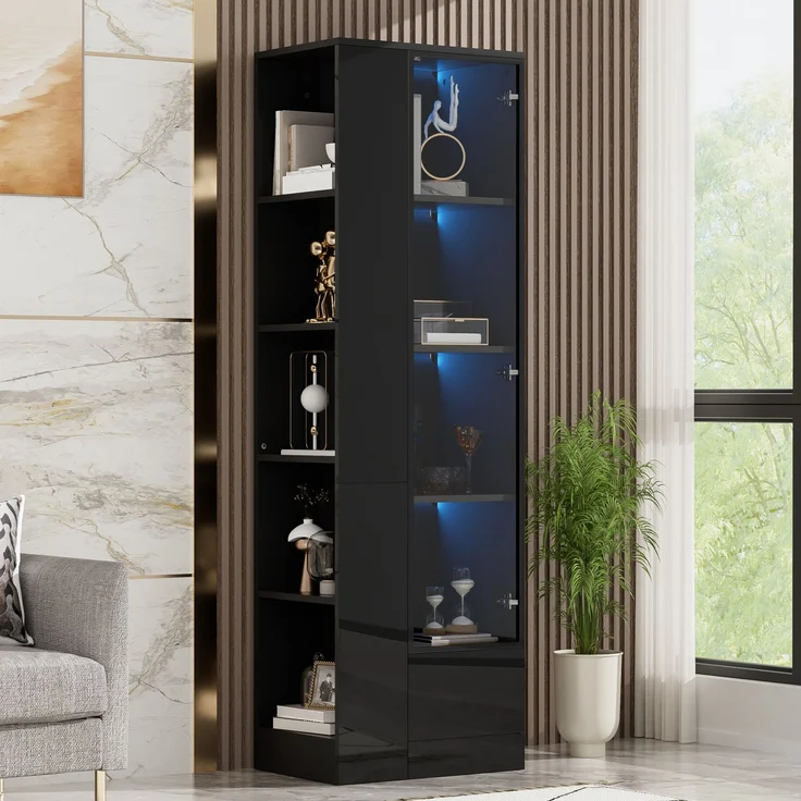 Vitrine 50 x 35 x 160 cm mit Glastür, LED-Beleuchtung und Schublade – Schwarz – Bild 1