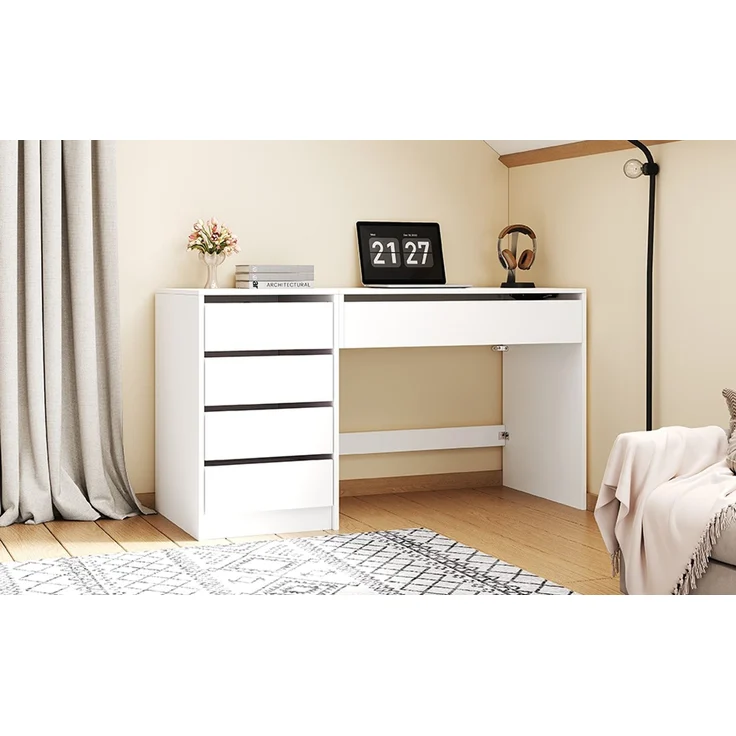 ZUBALIYA 120×50×78–92cm, höhenverstellbarer Schreibtisch mit 4 Schubladen – weißer Schminktisch und Computertisch in einem, mit manueller Höhenverstellung und verstecktem Stauraum, Schreibtisch, Schminktisch – Bild 16